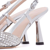 Slingback in laminato argento con cristalli. - TreemmeCreazioni