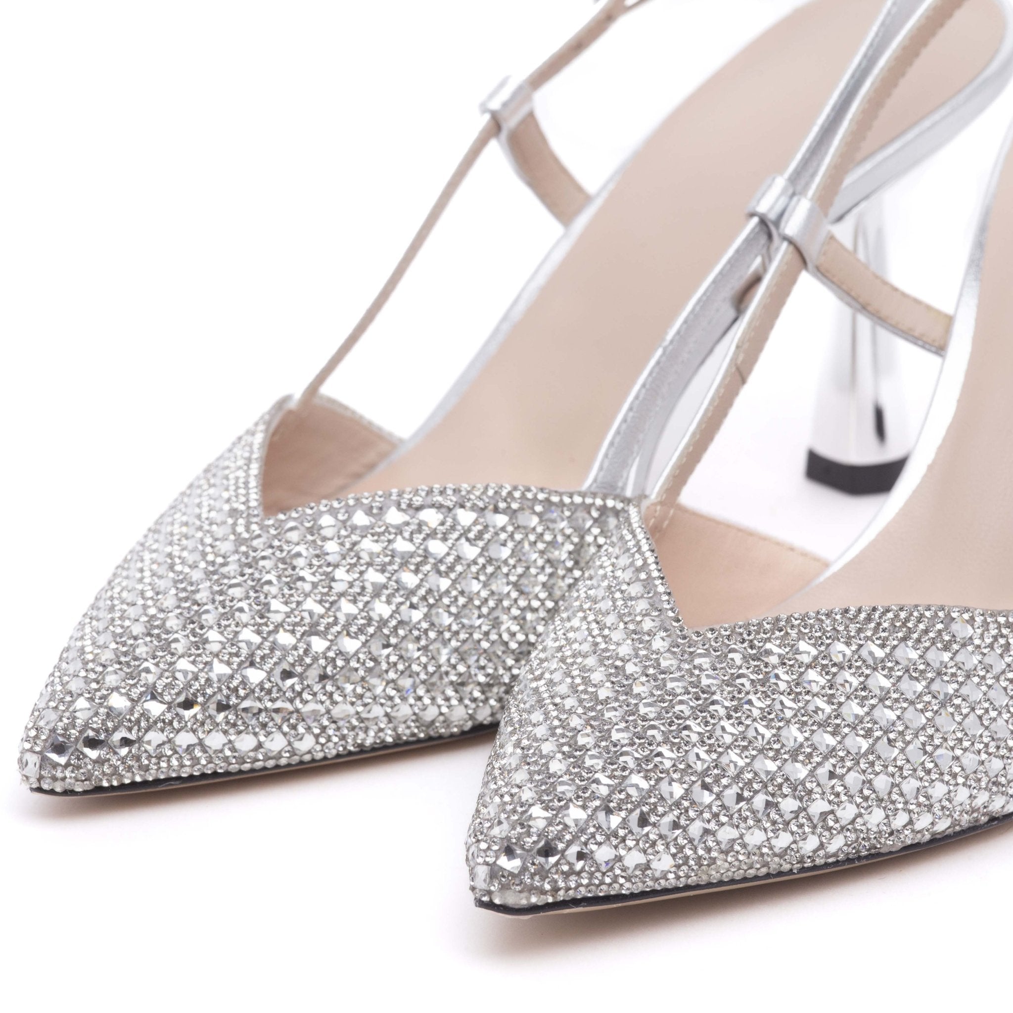 Slingback in laminato argento con cristalli. - TreemmeCreazioni