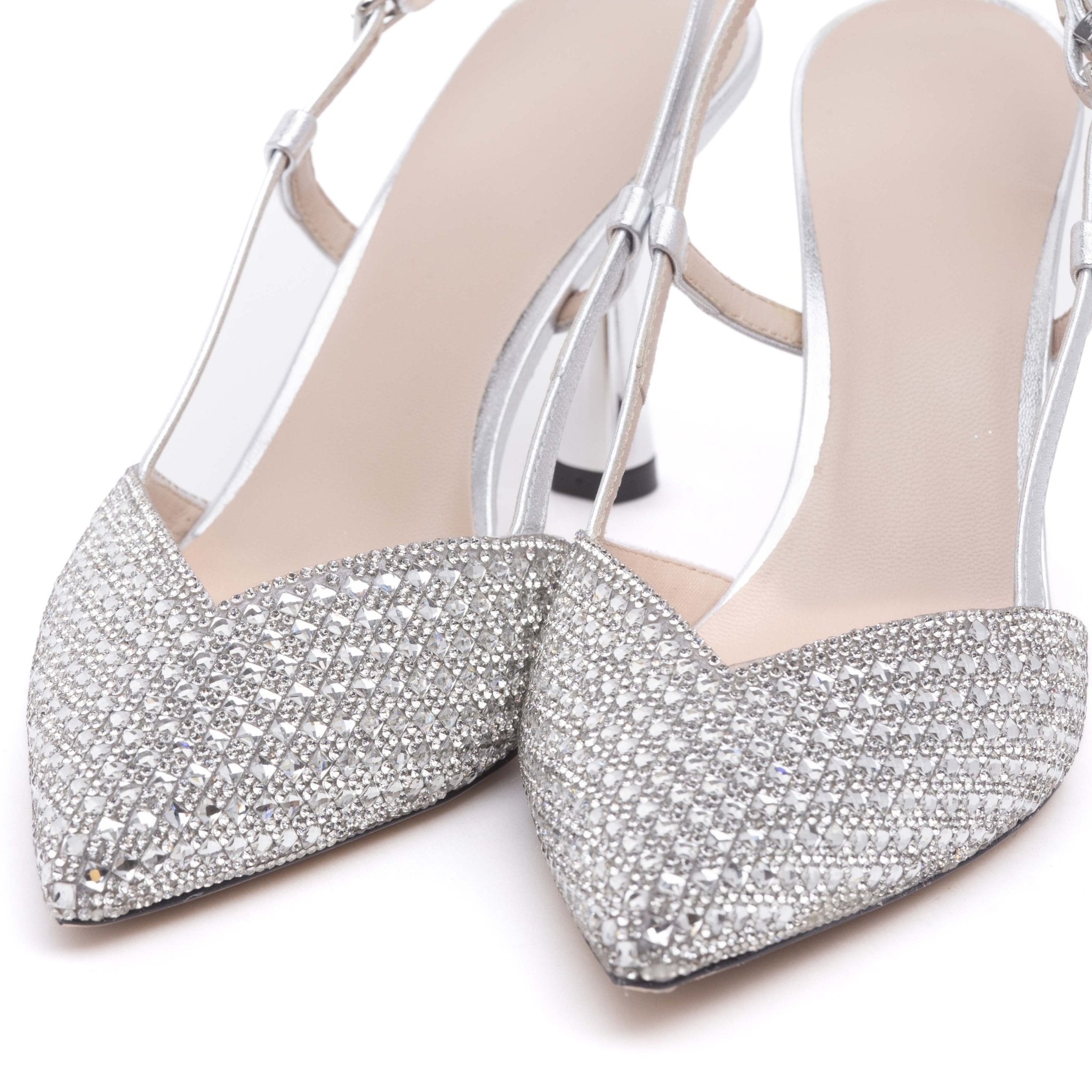 Slingback in laminato argento con cristalli. - TreemmeCreazioni