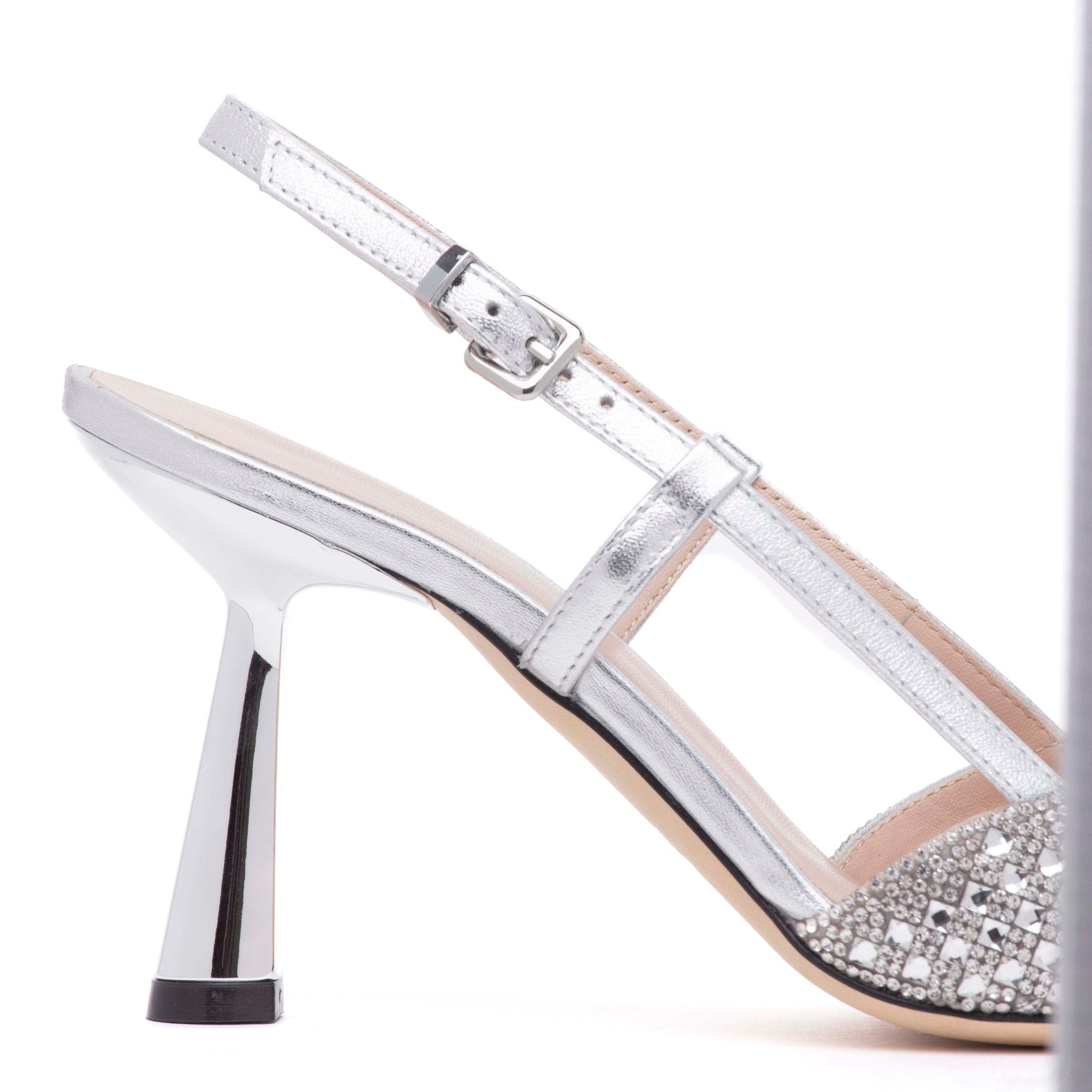 Slingback in laminato argento con cristalli. - TreemmeCreazioni