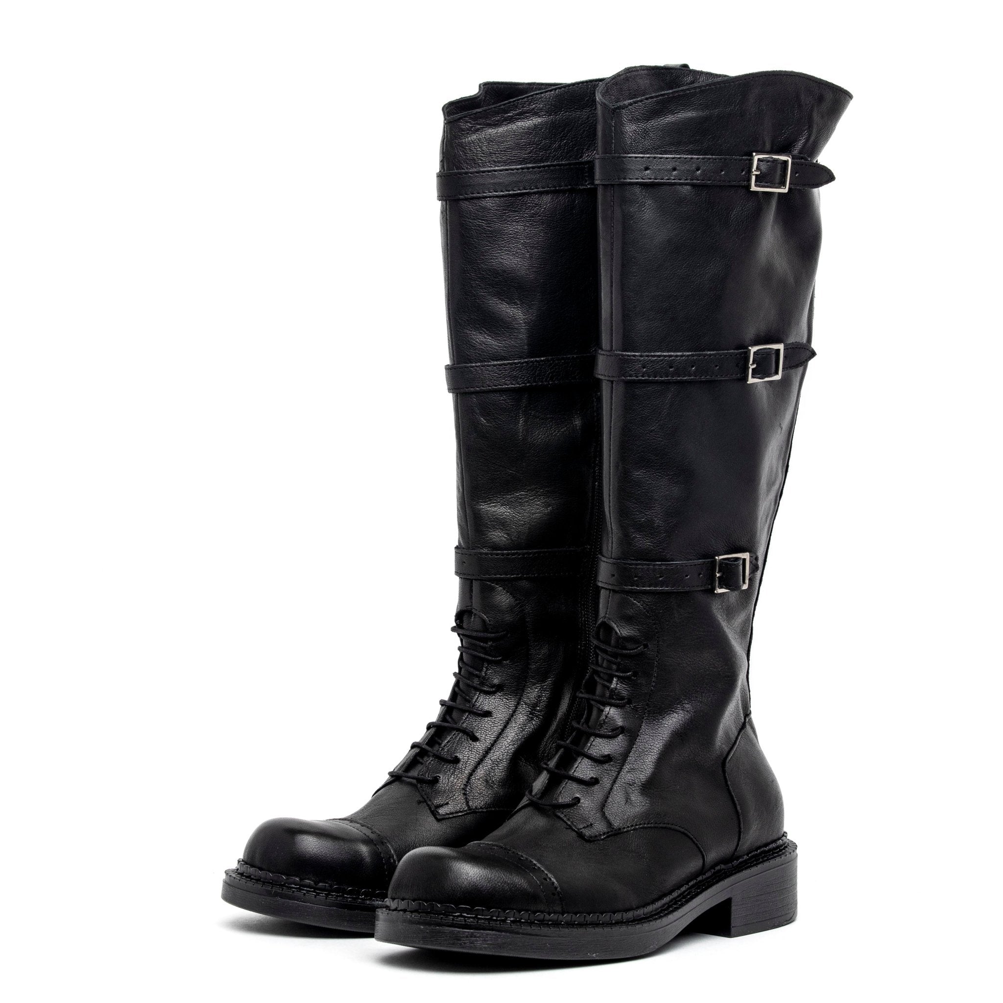 Stivale alto in vitello nero con fibbie. - TreemmeCreazioni