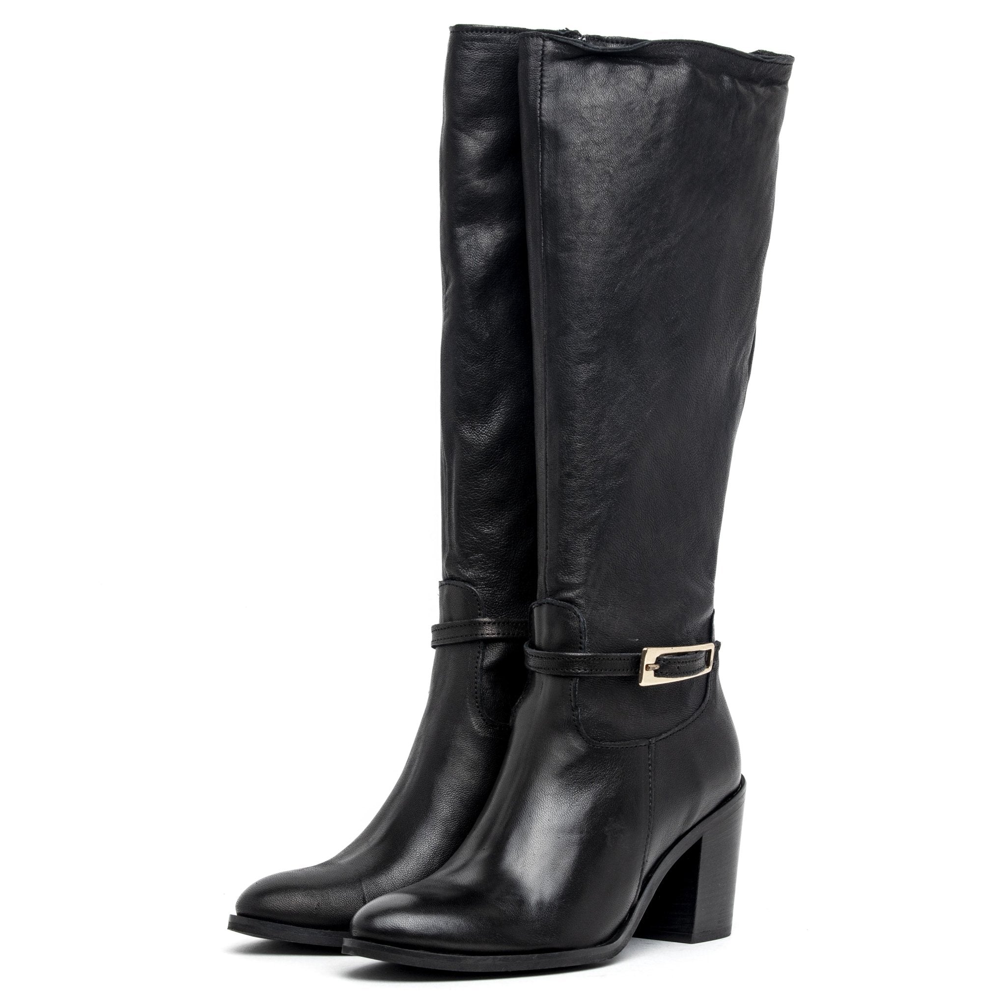 Stivale in pelle nero con tacco largo. - TreemmeCreazioni