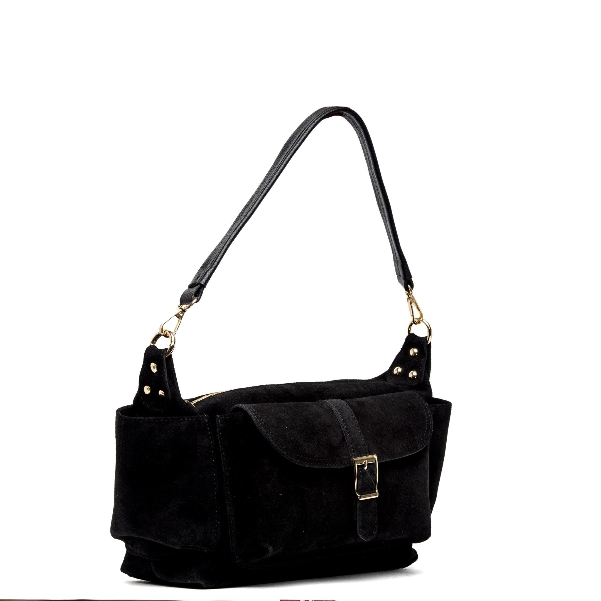 Borsa a spalla in pelle scamosciata nera.