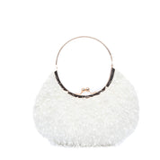 Pochette mezzaluna in tessuto bianco effetto sfrangiato
