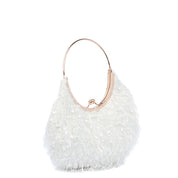 Pochette mezzaluna in tessuto bianco effetto sfrangiato
