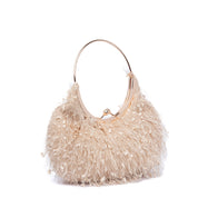 Pochette mezzaluna in tessuto champagne effetto sfrangiato