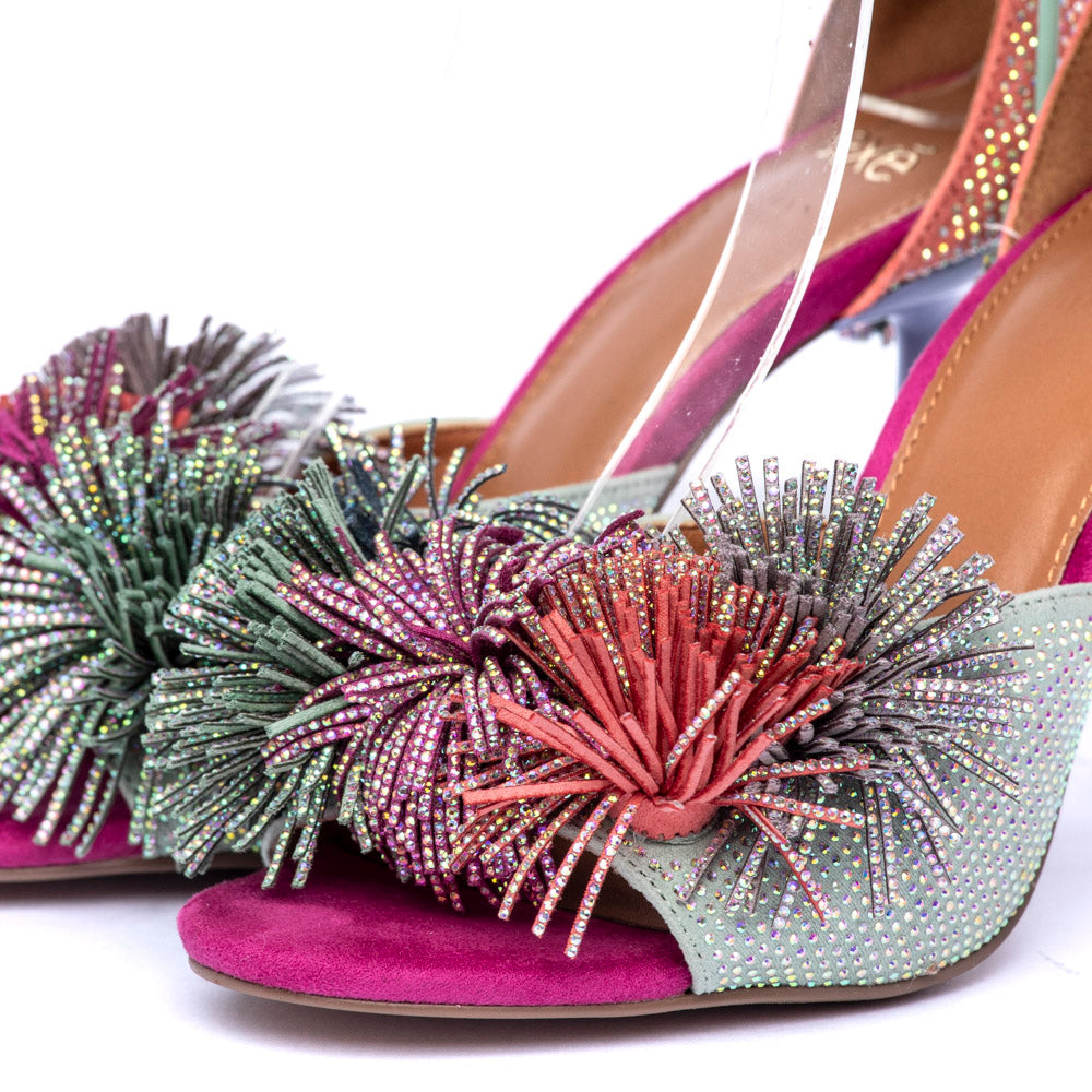 Sandalo con tacco in camoscio glitterato multicolor