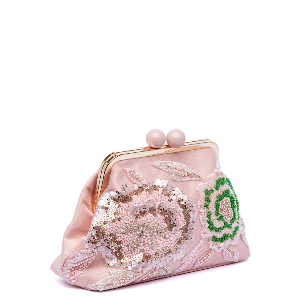 Clutch bag in ciniglia rosa con fiori