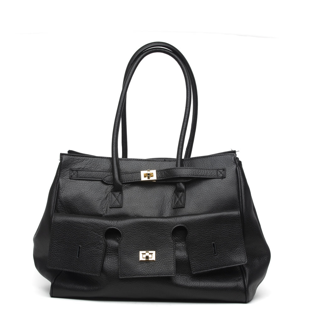 Maxi shopper in pelle bottolata con tasche.