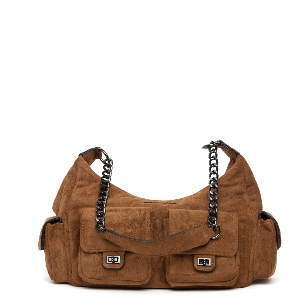 Shopper a spalla in alcantara cuoio.