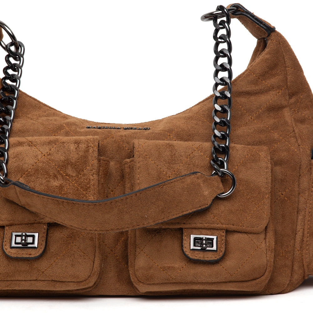Shopper a spalla in alcantara cuoio.