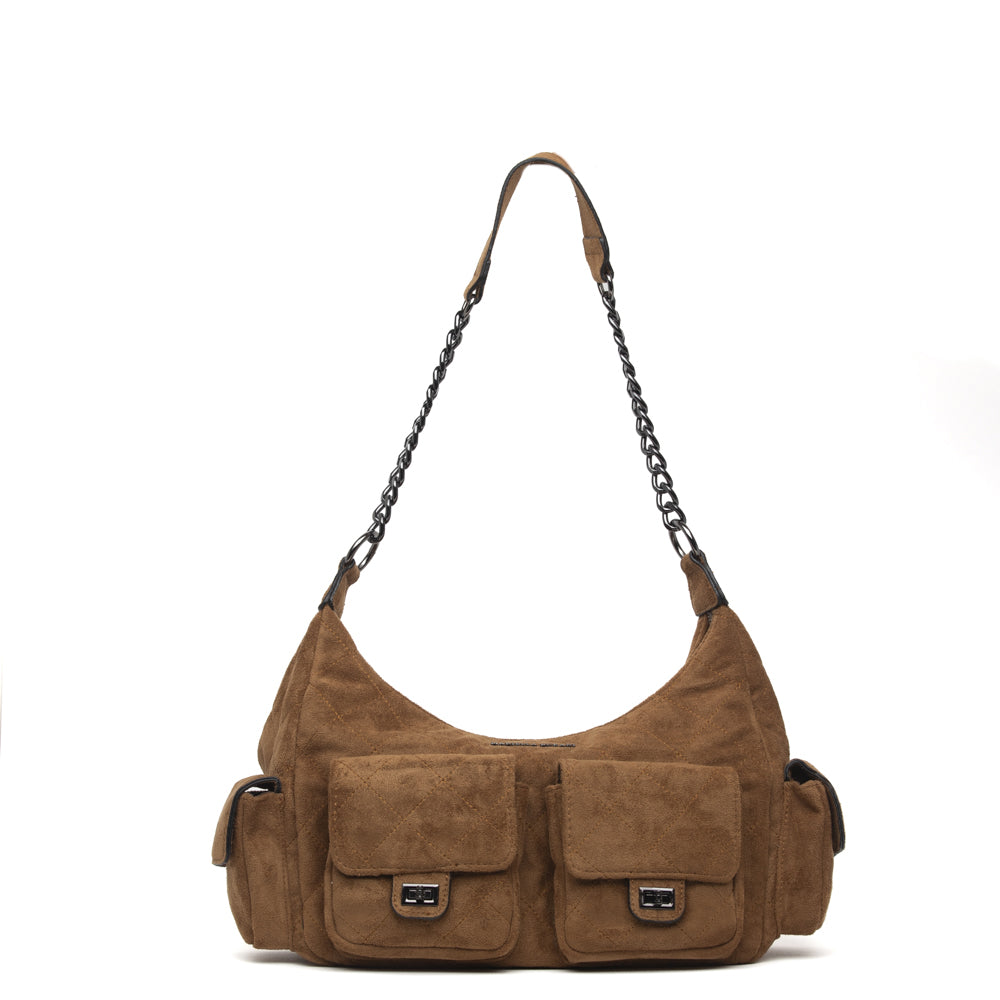 Shopper a spalla in alcantara cuoio.