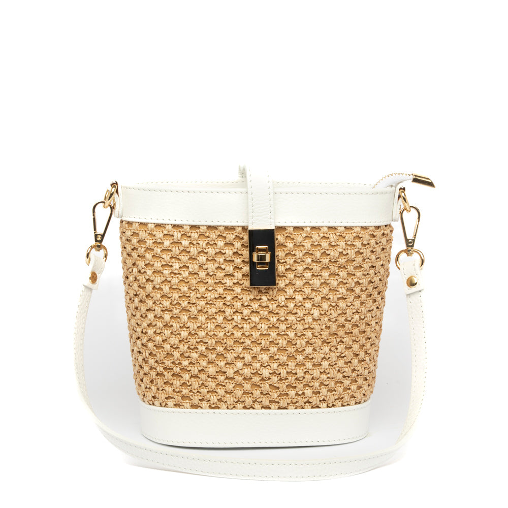 Borsa secchiello in pelle bianca e rafia