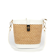 Borsa secchiello in pelle bianca e rafia