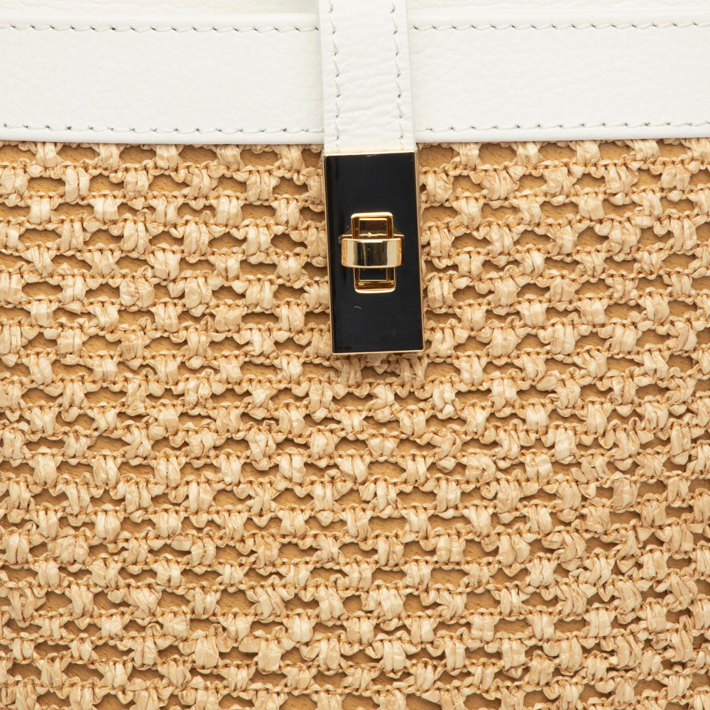 Borsa secchiello in pelle bianca e rafia