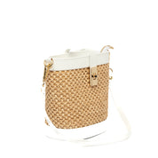 Borsa secchiello in pelle bianca e rafia