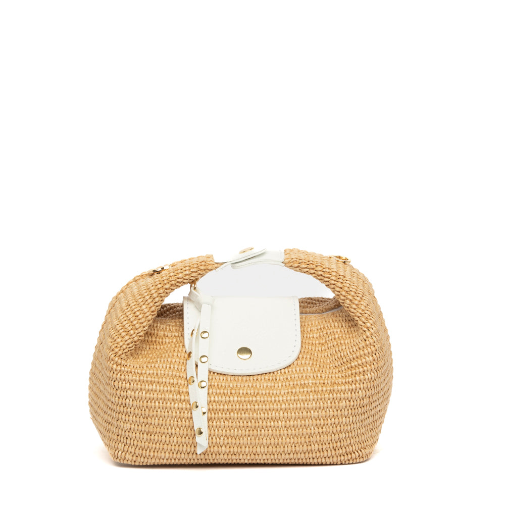 Borsa a mano in rafia beige con inserti