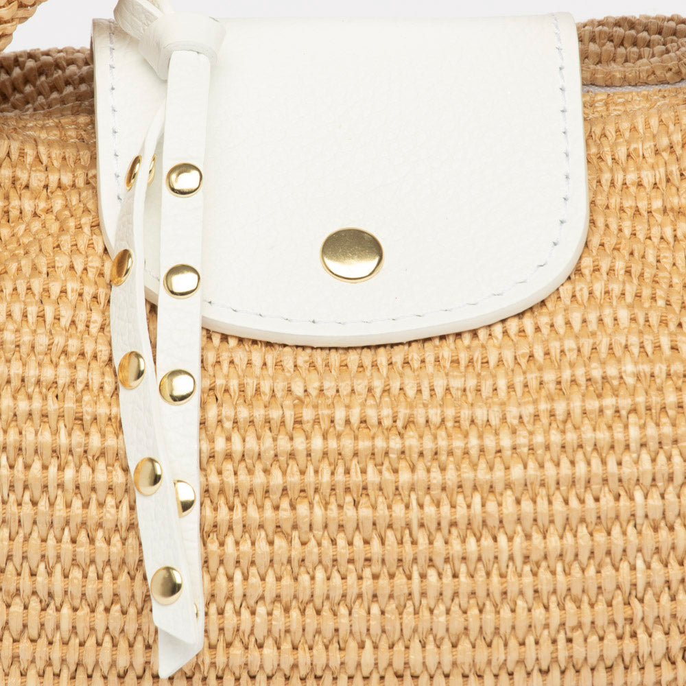 Borsa a mano in rafia beige con inserti