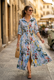 Abito camicia in fantasia in cotone.