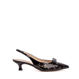Slingback in vernice nera serigrafata.