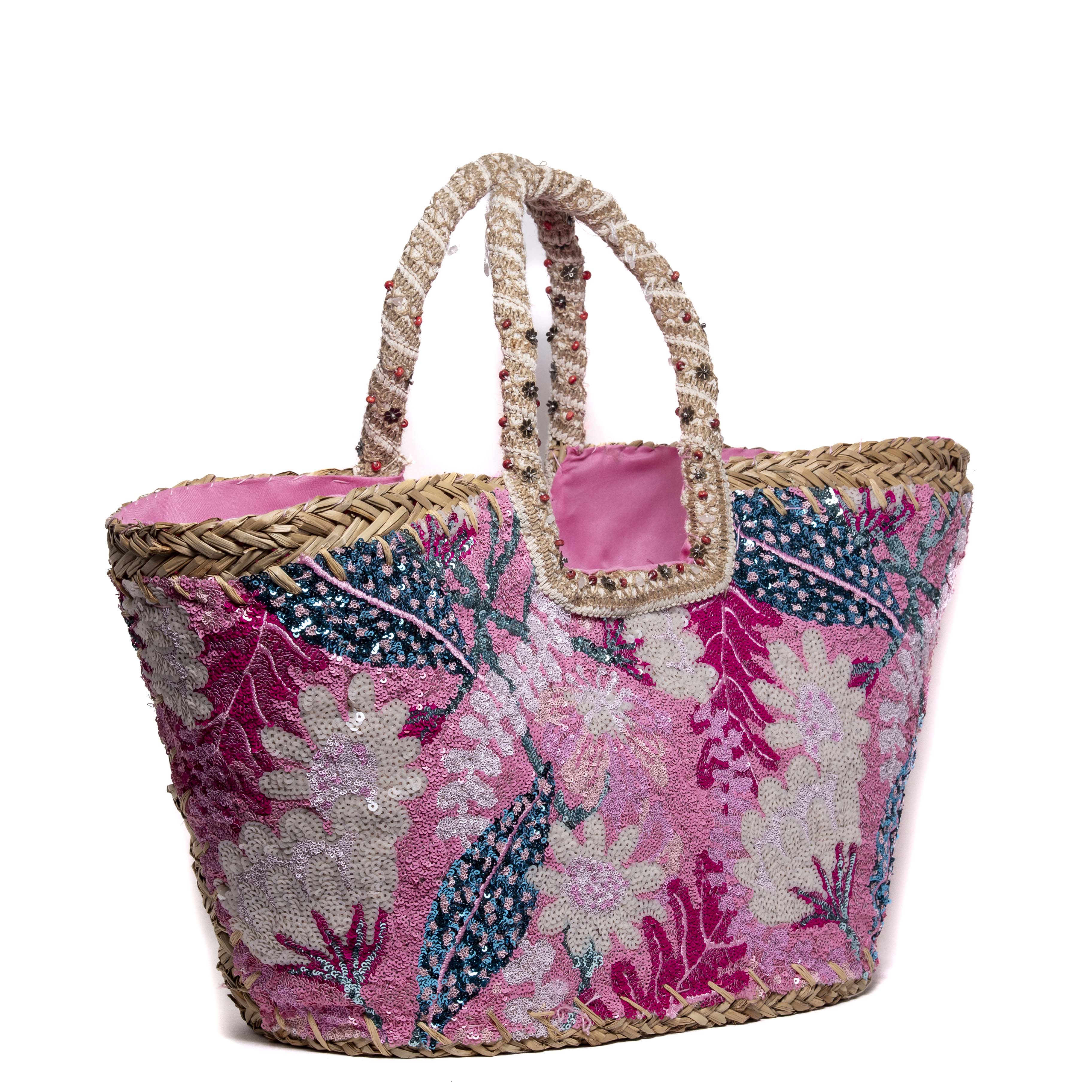 Borsa Capri in paglia e paillettes rosa.