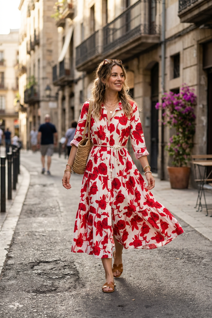 Abito camicia in fantasia in cotone.