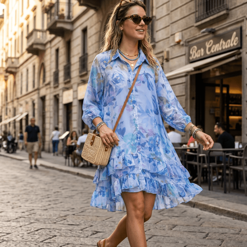 Abito camicia azzurro con balze - TreemmeCreazioni