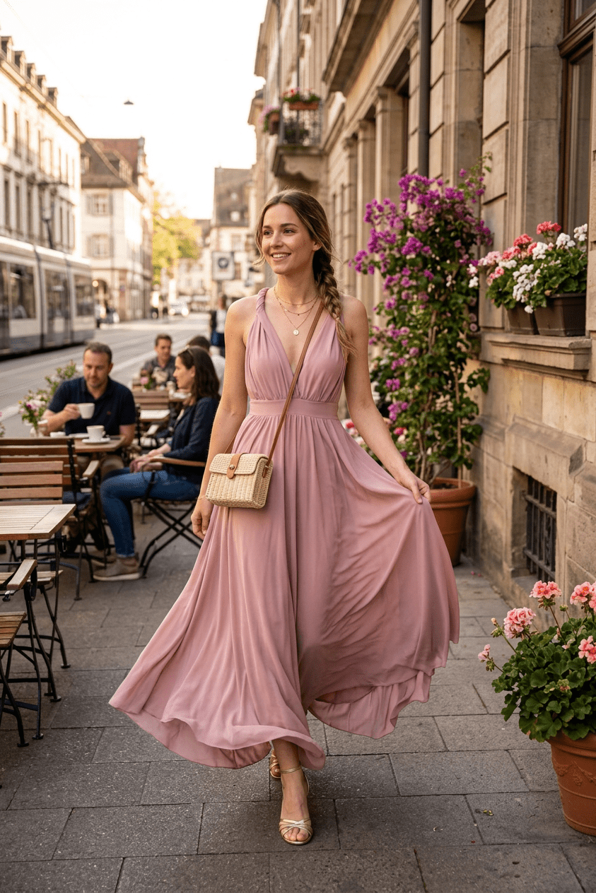Abito lungo elegante in rosa cipria. - TreemmeCreazioni