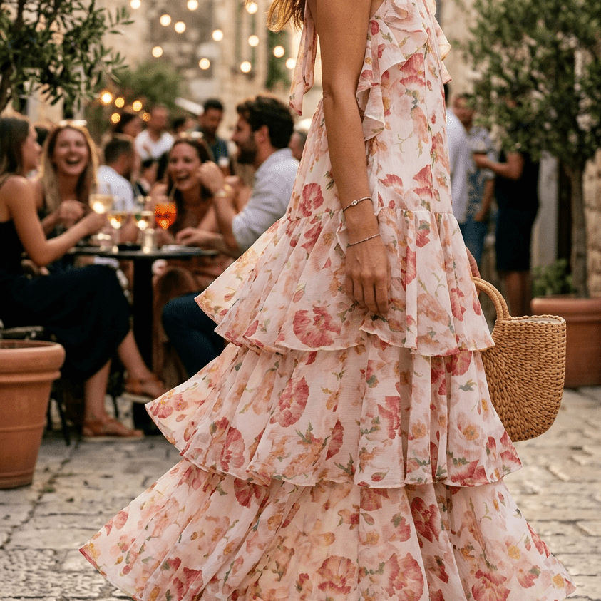 Abito lungo floreale a balze. - TreemmeCreazioni