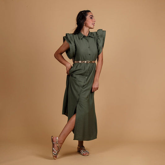 Abito lungo verde militare con maxi spalle. - TreemmeCreazioni