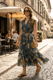 Abito midi in fantasia con base verde. - TreemmeCreazioni