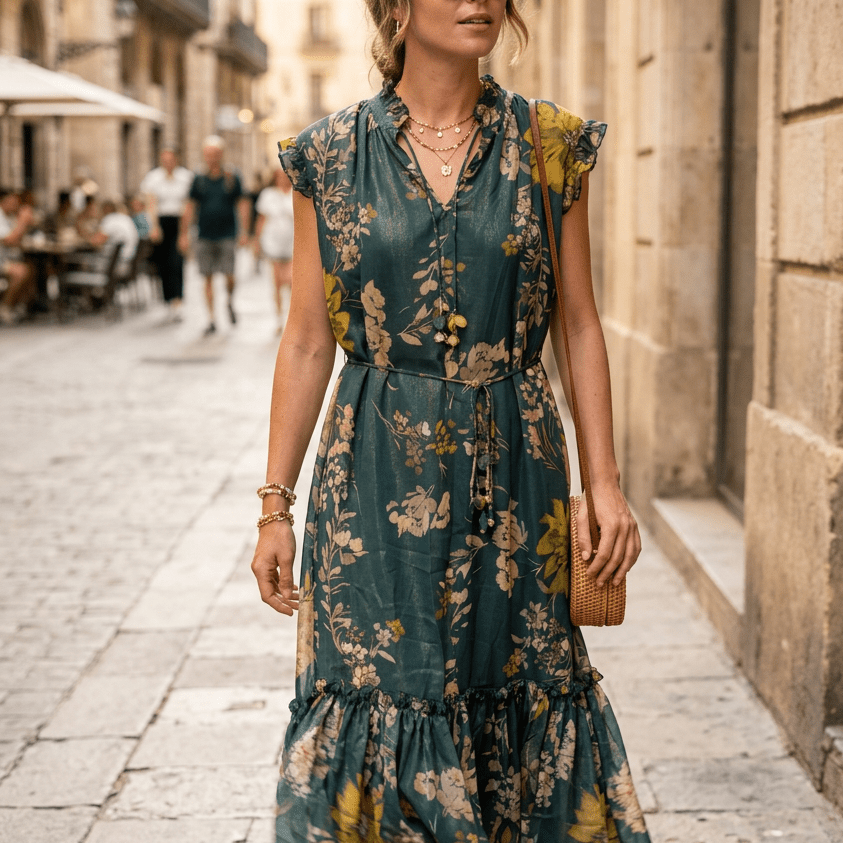 Abito midi in fantasia con base verde. - TreemmeCreazioni