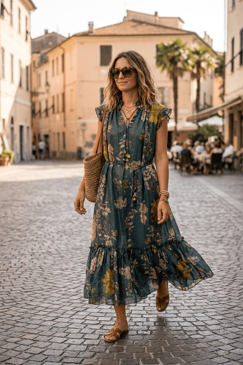 Abito midi in fantasia con base verde. - TreemmeCreazioni