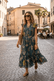 Abito midi in fantasia con base verde. - TreemmeCreazioni