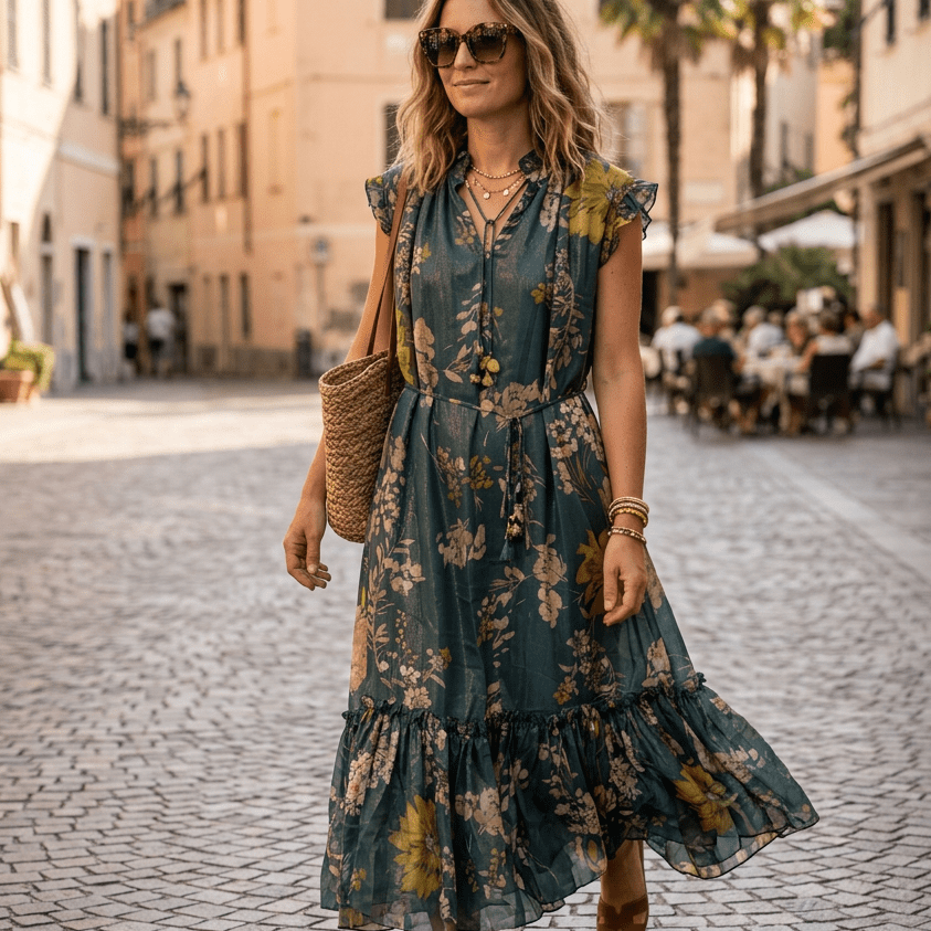 Abito midi in fantasia con base verde. - TreemmeCreazioni