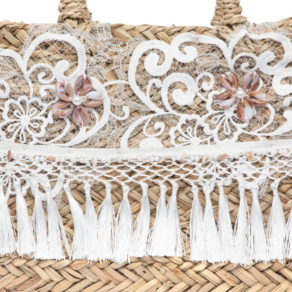 Borsa a mano in rafia naturale con pizzo floreale bianco - TreemmeCreazioni