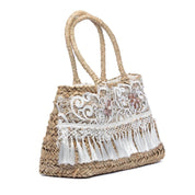 Borsa a mano in rafia naturale con pizzo floreale bianco - TreemmeCreazioni