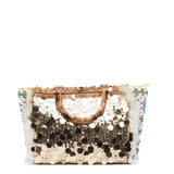 Borsa in rafia con paillettes dorate e dettagli crochet