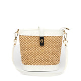 Borsa secchiello in pelle bianca e rafia