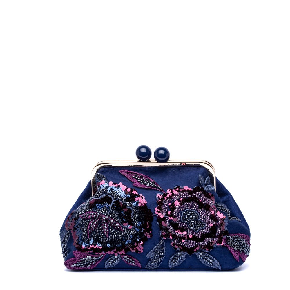 Clucth bag in ciniglia blu notte con fiori - TreemmeCreazioni