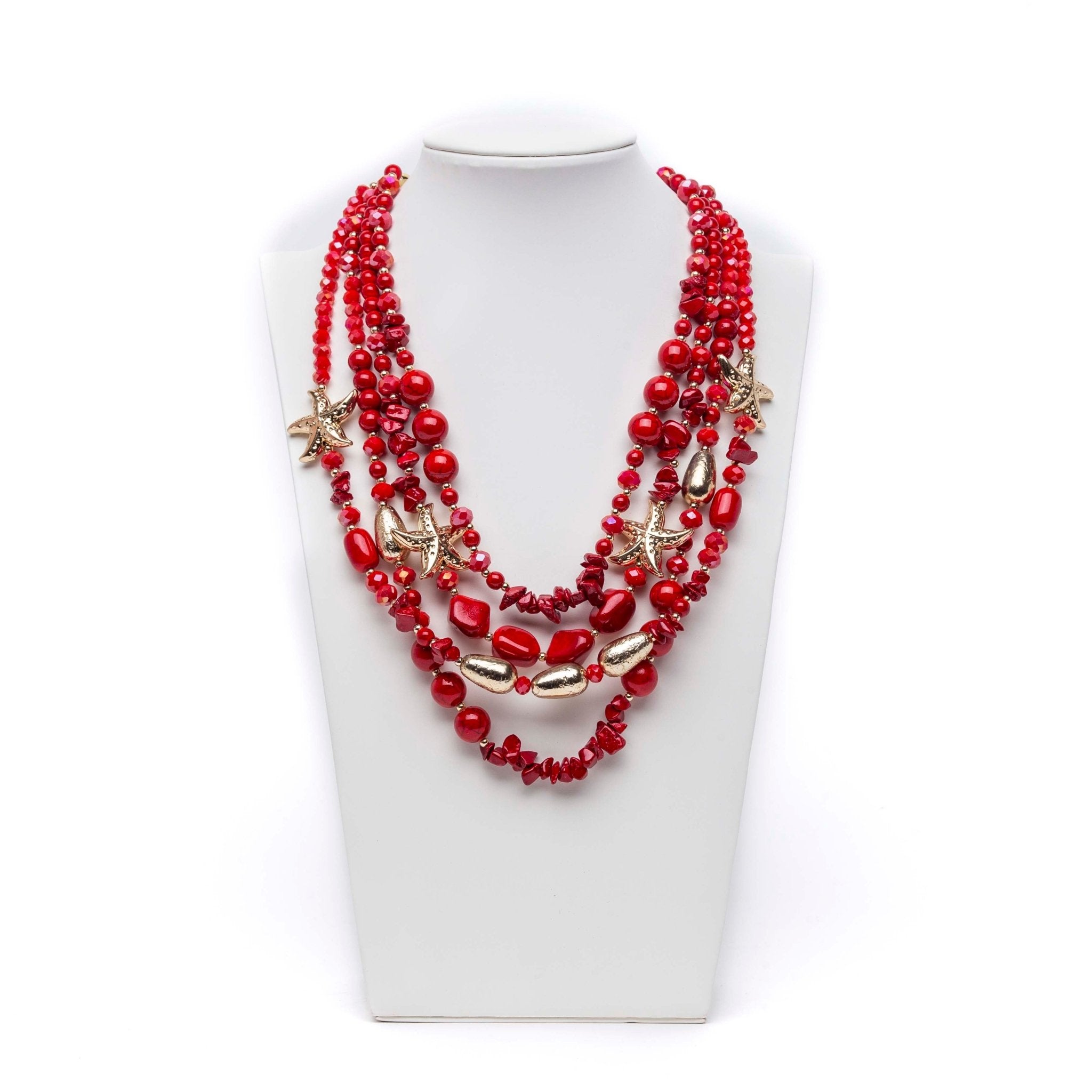 Collana multi fili rossa e oro con applicazioni. - TreemmeCreazioni