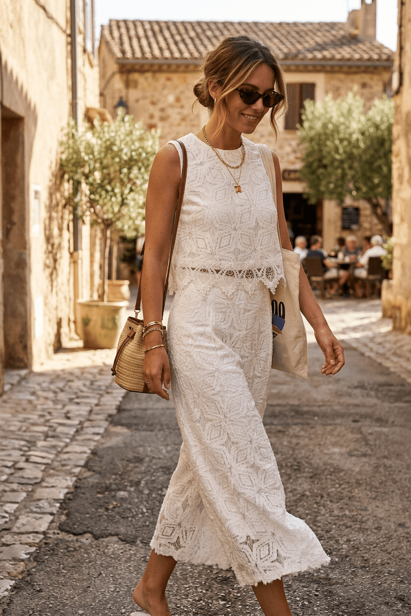 Completo blusa e pantalone in pizzo bianco. - TreemmeCreazioni