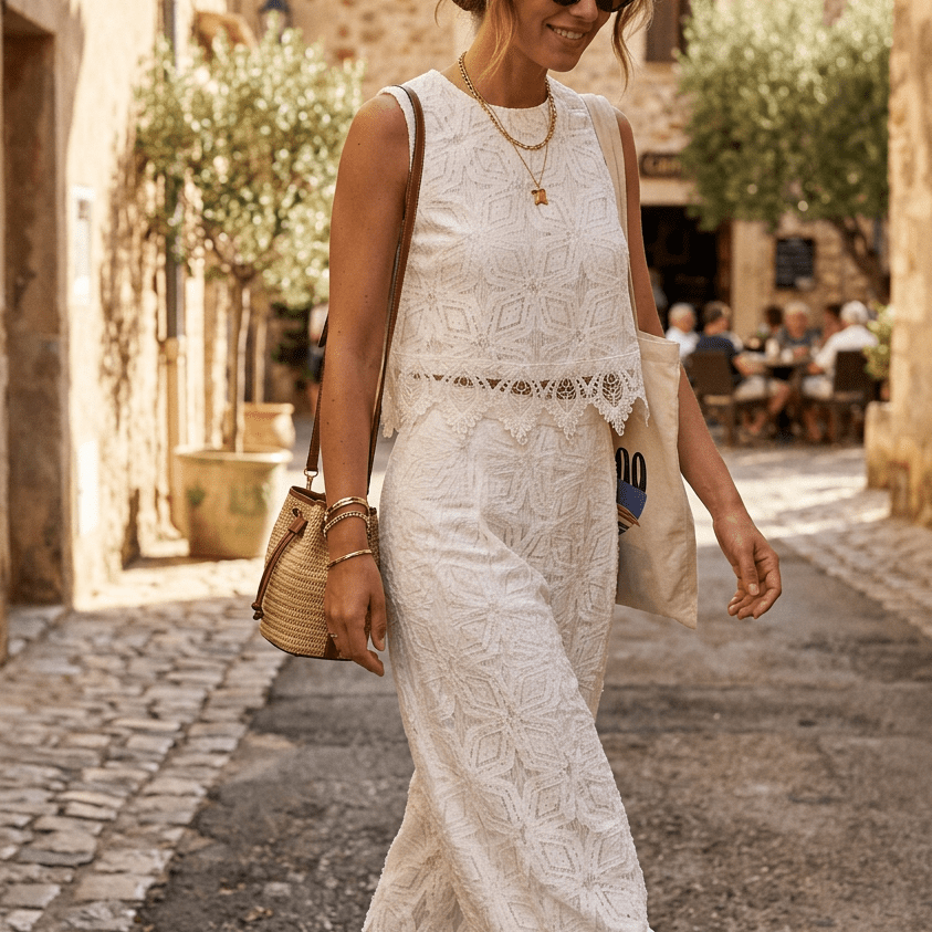 Completo blusa e pantalone in pizzo bianco. - TreemmeCreazioni