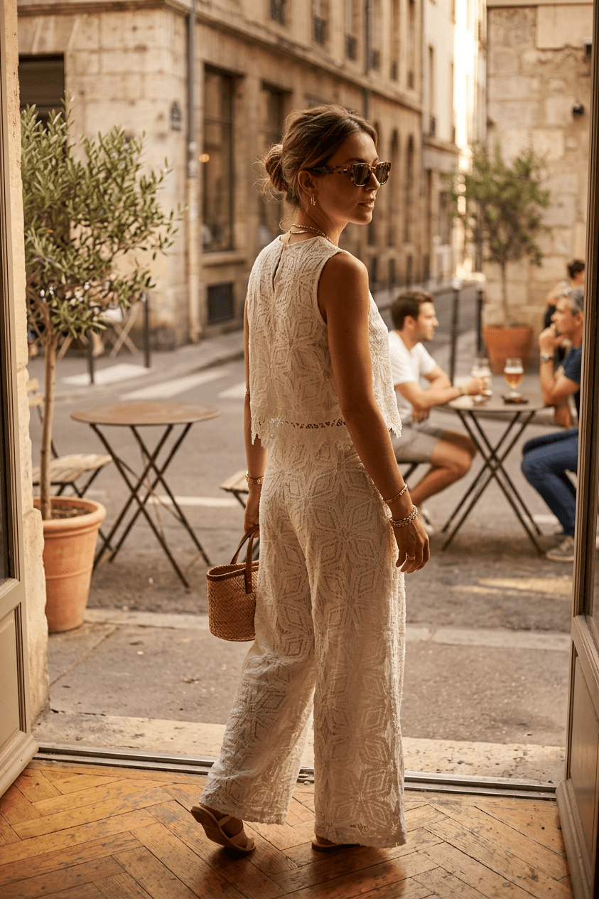 Completo blusa e pantalone in pizzo bianco. - TreemmeCreazioni