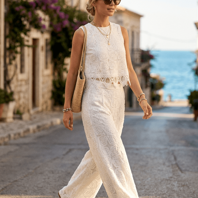 Completo blusa e pantalone in pizzo bianco. - TreemmeCreazioni