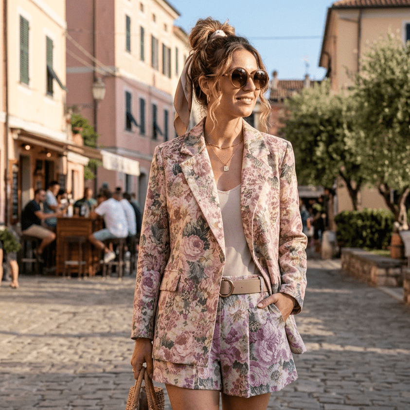 Completo giacca e pantaloncino in fantasia. - TreemmeCreazioni