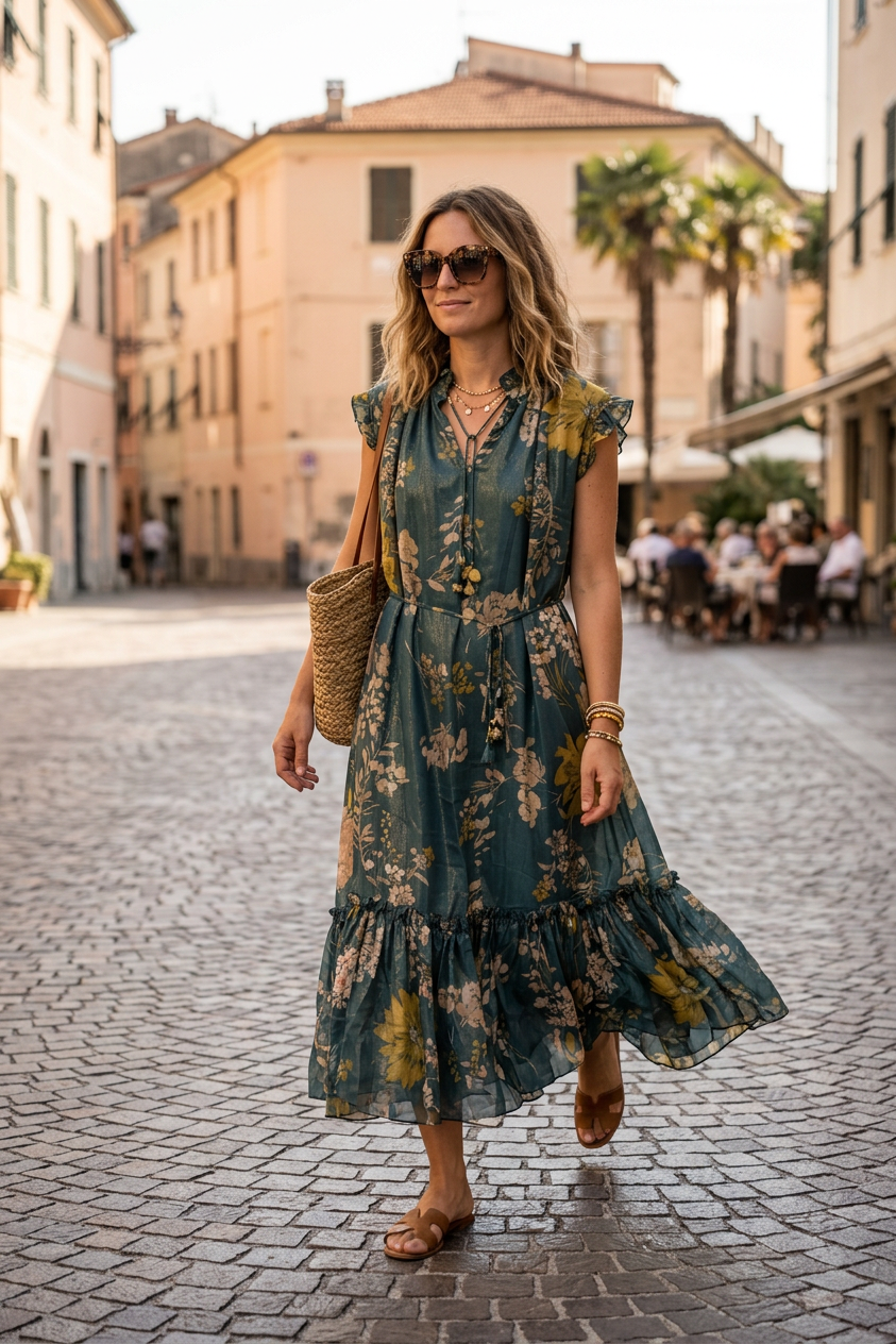 Abito midi in fantasia con base verde.