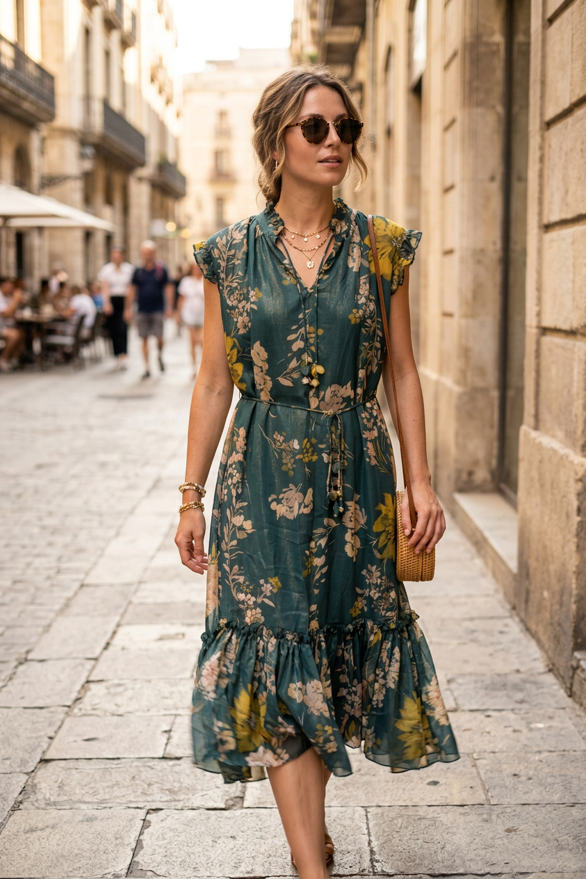 Abito midi in fantasia con base verde.
