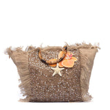 Maxi shopper in rafia naturale con paillettes.