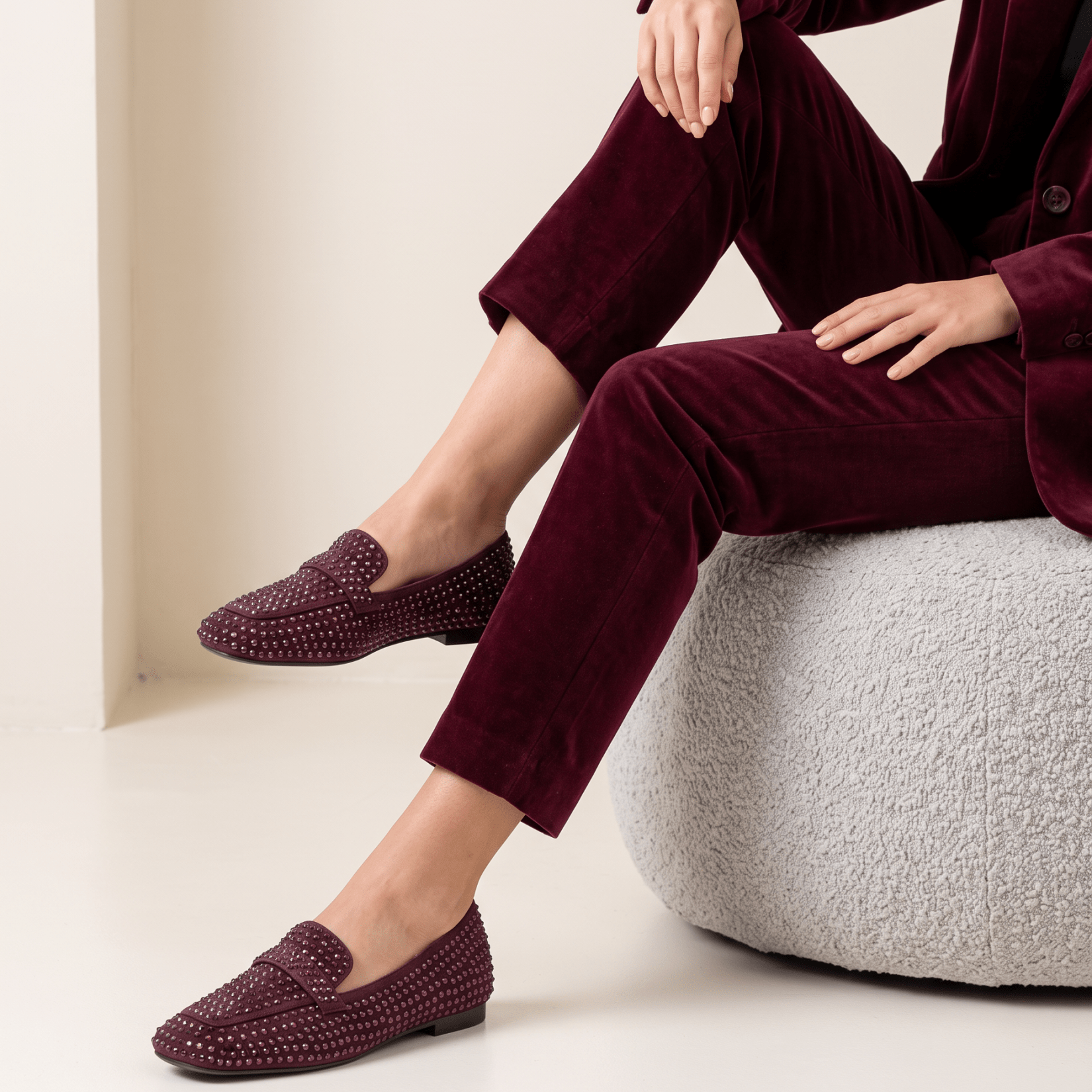 Mocassino in camoscio rasato bordeaux con strass - TreemmeCreazioni